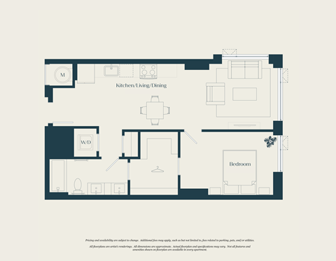 Floor plan for 1 bed, 1 bath, 698 sqft